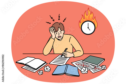 Excited man student is writing thesis and panicking because of deadline, sitting at table near burning clock. Guy student needs help filling out application or test for admission to university.