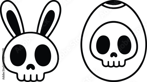 Creepy Easter bunny skull skeleton head inside egg gothic pagan theme dark magic aesthetic outline drawing. Spooky spring season witch animal black illustrations clipart sticker design bundle pack.