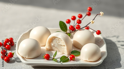 Easter eggs on a white plate with red berries and green leaves
