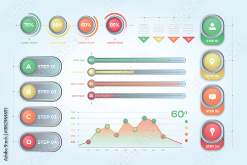 Colorful infographic elements and buttons in various shapes and sizes