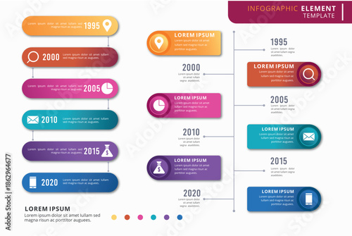 Colorful infographic elements with icons and text on white background