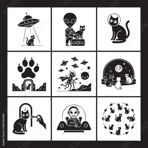 Alien cats in space with UFOs and spacecraft