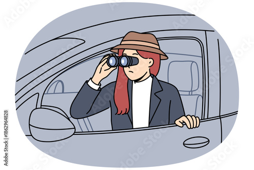 Woman detective secretly spies on boyfriend, looking out of car with binoculars in hands, due to lack trust in relationship. Detective conducts investigation, looking for evidence person dishonesty.