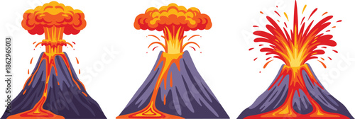 Three cartoon volcano eruptions showing lava bursts, magma flow, and ash clouds in bright vector illustration style