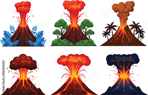 Set of cartoon volcano eruptions with lava, smoke, ash clouds, and tropical landscapes in colorful vector style