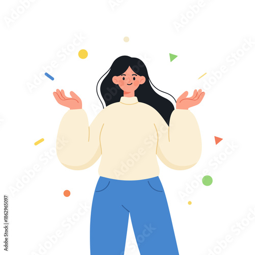 Smiling Young Woman Character with Raised Hands and Floating Geometric Shapes
