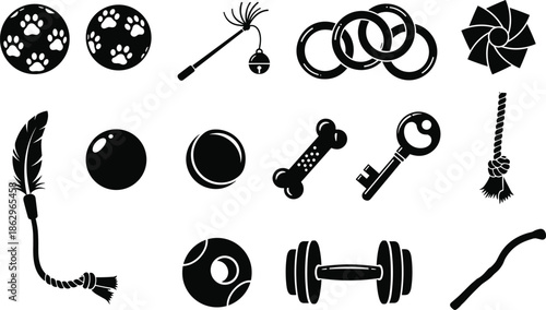 pet toys icons silhouette dog cat play chew training accessory vector black illustration collection isolated design