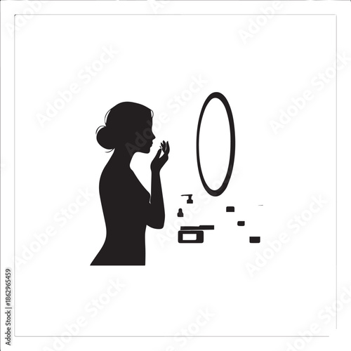Woman applying makeup in front of mirror with beauty products