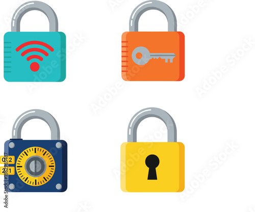Set of security padlock icons with wifi lock, key lock, combination lock, and classic keyhole lock illustration