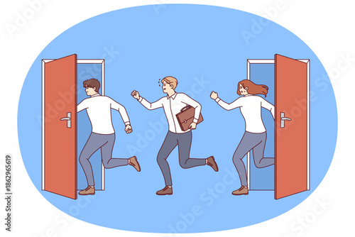 Mass layoffs of people have led to emergence of unemployed men and women running between doors in search of vacancies. Angry unemployed clerks need new job with good salary and insurance