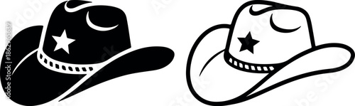 Cowboy hat silhouettes set in black and white, western style headwear icons collection for vintage, country and rodeo themed designs