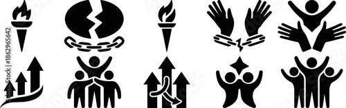 Tribal inspired human figures and symbolic icons set in black silhouette style, ethnic celebration and ritual design elements collection