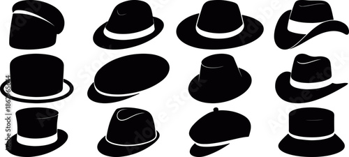 Vintage hats silhouettes collection including bowler, fedora and classic headwear icons, retro fashion accessory set for graphic design