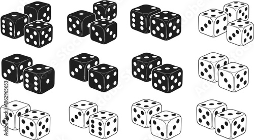 dice cubes pairs gambling casino chance luck probability game vector icon black white illustration isolated collection