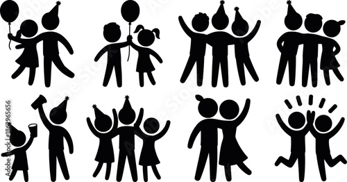 Group of people celebrating together silhouettes, joyful human figures icons set representing teamwork, unity and social happiness