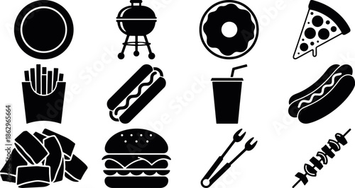 Fast food icons set including burger, pizza, fries and drinks, black silhouette food collection for restaurant menu and graphic design