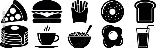 Breakfast and fast food silhouettes set including pizza, burger, fries and beverages, bold black icon collection for food design
