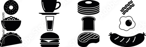 Coffee and breakfast food icons silhouettes including cup, donut and plate, cafe themed graphic elements collection