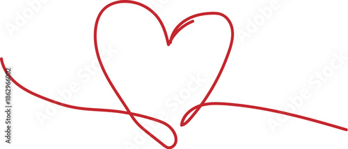 A red heart shape drawn with a continuous line isolated on transparent background