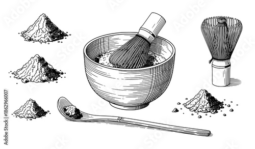 Minimal hand drawn matcha tea tools vector illustration powder whisk and spoon