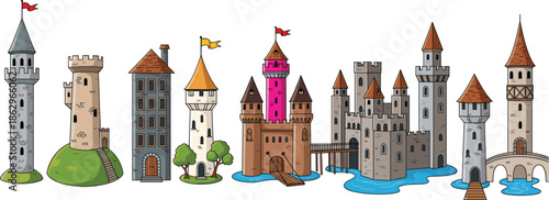 Set of medieval fantasy castles and towers with flags, bridges, and water isolated on white background illustration