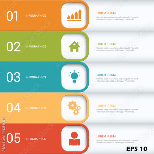 5-Step Professional List Infographic Template. Vertical Process Diagram with Colorful Banners, Numbered Options, and Business Icons. Modern Vector Illustration for Workflow and Strategy Planning