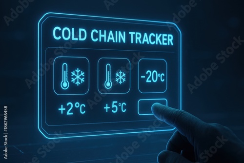 Cold chain logistics warehouse logistic. Cold chain tracker interface with temperature readings and finger pointing to screen futuristic blue