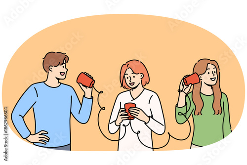 People use telephone made of cups and ropes, eagerly exchanging information through makeshift telegraph. Homemade telegraph in hands of happy students sharing gossip and rumors with each other