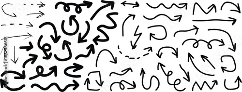 Collection of various black arrows on isolated on transparent background