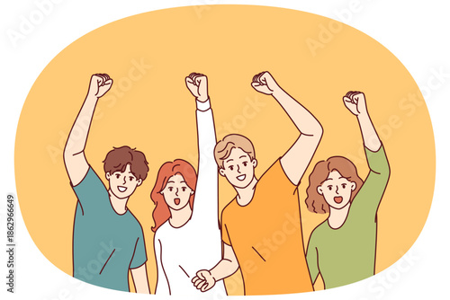 Community of joyful people celebrates victory by raising hands and shouting joyfully after achieving goals. Hurray, we won, say students rejoicing at victory in olympiad among universities