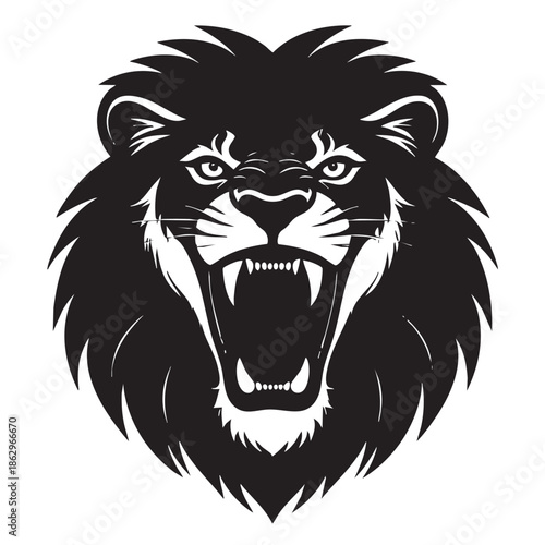A black and white illustration of a lions head with an open mouth and sharp teeth