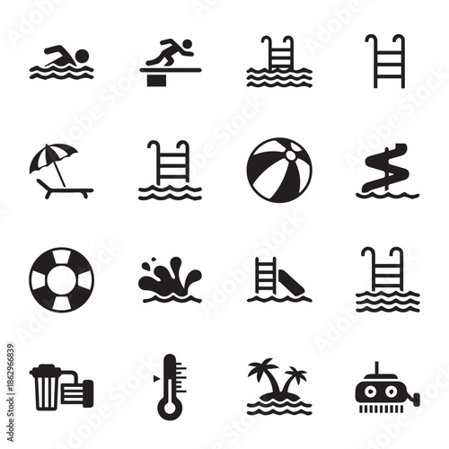Black icons of beach and pool symbols and objects