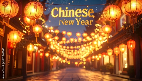 Vibrant Chinese New Year celebration with rows of hanging lanterns illuminating a dark alleyway in traditional artistic style, festive and cultural.