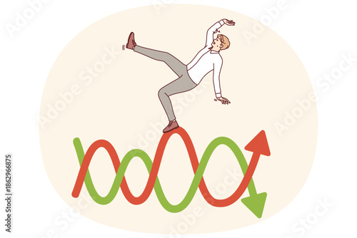Man investor falls from unstable chart symbolizing fluctuations in financial market and stock exchange. Businessman takes risks due to unpredictability of business indicators and changes in industry