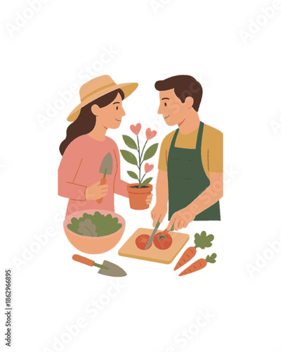Couple enjoys sustainable living by gardening and preparing fresh, healthy home-grown food isolated on white background