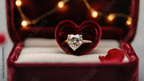 Romantic and luxurious, heart-shaped diamond ring, burgundy velvet box warm light string lights red rose petals, suitable for Valentine's Day proposal promotional posters, jewelry brand marketing 