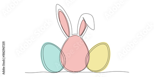 Continuous line art celebrating easter with a bunny egg. Greeting banner design with bunny and ears in simple linear style