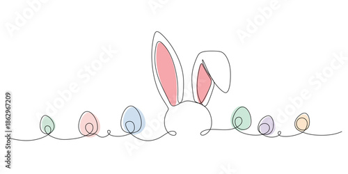 Continuous line art celebrating easter with a bunny egg. Greeting banner design with bunny and ears in simple linear style
