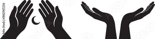 Silhouette of Islamic praying hands with crescent moon on white