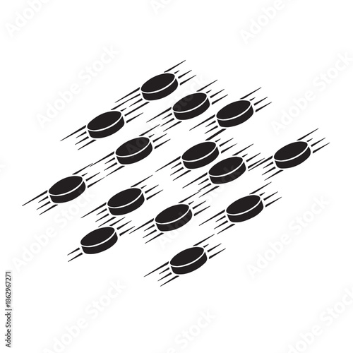 Multiple hockey pucks flying through air in motion