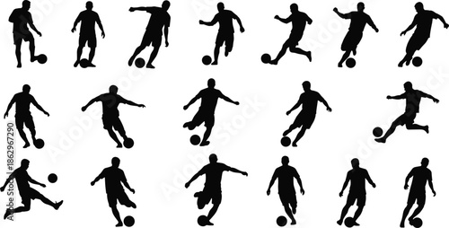 soccer football player silhouette dribbling kicking passing action sport athlete game vector icon black illustration set
