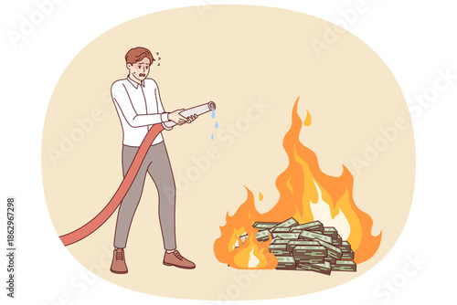 Business man is trying to escape from bankruptcy and put out burning money with fire hose. Concept of loss of savings due to crisis and mismanagement of investment portfolio leads to bankruptcy