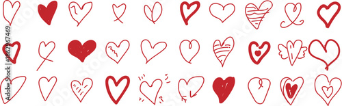 Collection of hand drawn hearts isolated on transparent background