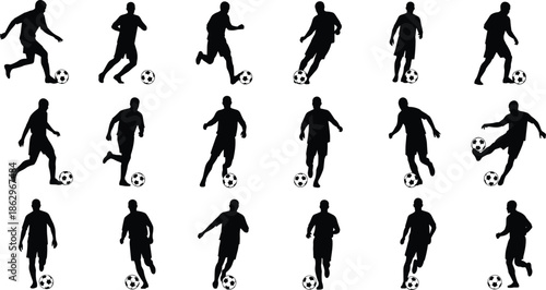 soccer player silhouette football athlete dribbling kicking action sport game vector icon black illustration isolated collection