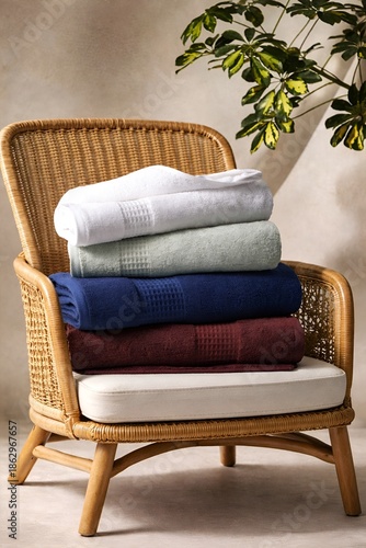 Stack of Soft Towels on Wicker Chair in Minimalist Interior
