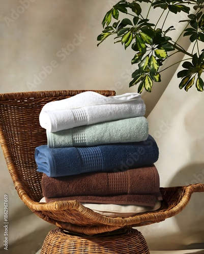 Stack of Soft Towels on Wicker Chair in Minimalist Interior