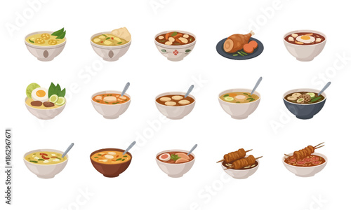 Indonesian Traditional Food Icon Set, Various Soto Soup, Meatballs, Satay, and Asian Cuisine in Bowls, Culinary Vector Illustration