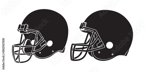 Black silhouette of an American football helmet on a white background sports helmet protective gear, A stark black silhouette of a classic American football helmet, viewed from the side, against.