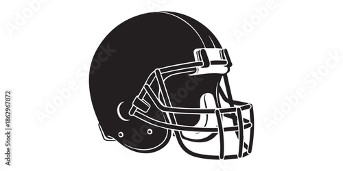 Black silhouette of an American football helmet on a white background sports helmet protective gear, A stark black silhouette of a classic American football helmet, viewed from the side, against.