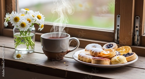 Cozy Morning Still Life - Tea, Pastries, and Daisies by the Window.